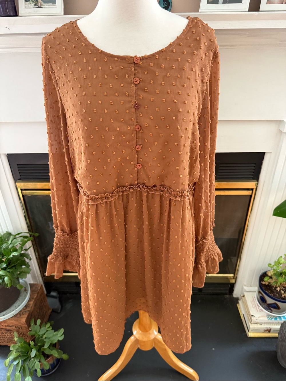 ANDREE BY UNIT Rust Brown Swiss Dot Long-Sleeve Button Dress size large